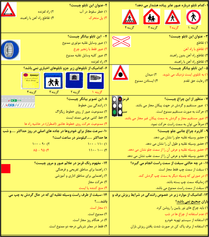 نمونه سوالات امتحان آیین نامه رانندگی با جواب رایگان